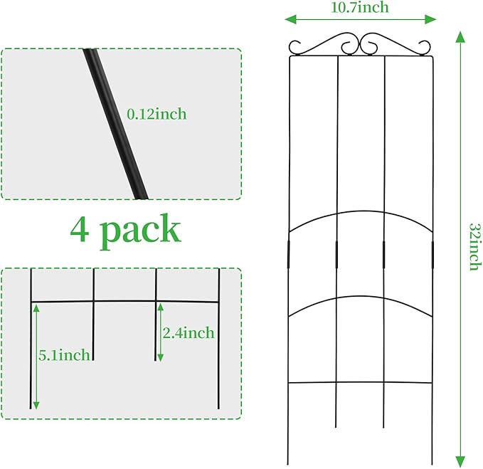 32 Inch Metal Plant Trellis for Climbing Plants Outdoor，4 Pack Garden Trellis for Potted Climbing Plants Indoor Houseplants Flowers Vine Ivy,Black,Rectangle Rootora