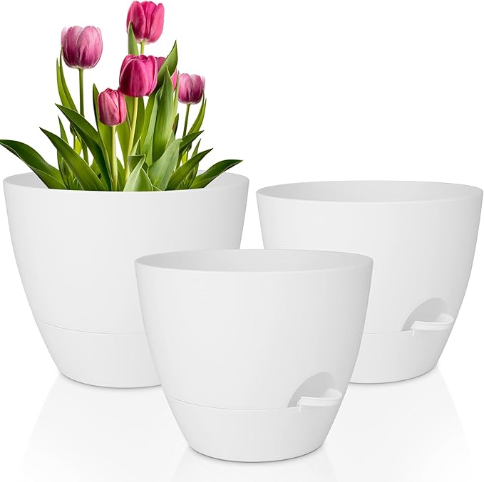 Plant Pots 12/10/9 Inch Self Watering Pots, Set of 3 Plastic Planters with Drainage Holes and Saucers,Plastic Flower Pots,Nursery Planting Pot for Indoor Out Door Plants(Pure White) QRRICA