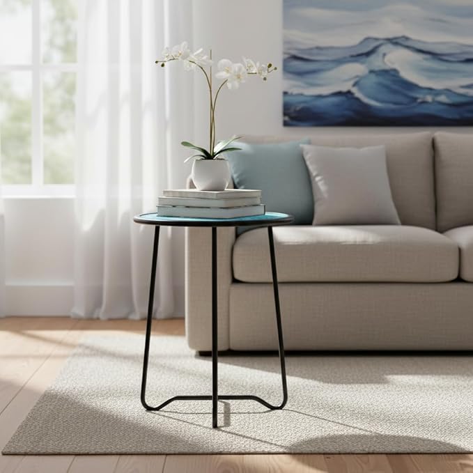 LIFFY Outdoor Side Table,14" Indoor Outdoor Round Glass Tabletop Accent Table with Metal Frame, Decorative Plant Stand & End Table for Home, Patio, Garden LiffyArt
