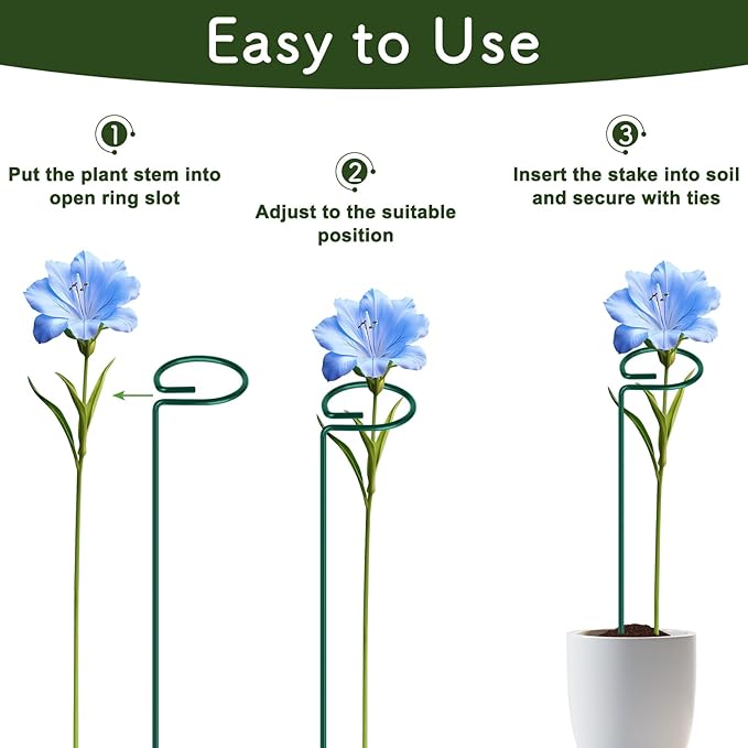 FEED GARDEN 16 Inch 12 Pack Plant Support Stakes, Metal Garden Flower Stakes and Supports for Outdoor Plants, Plant Stem Support with 24 Twist Ties for Amaryllis Lily Rose Peony Tomatoes Gladiolus FEEDGARDEN