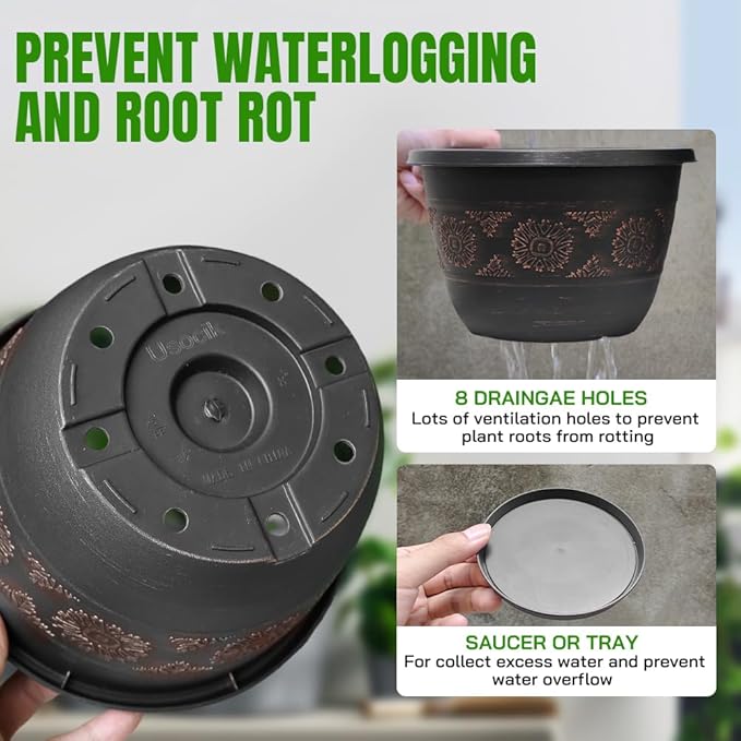 4 Pack 10 inch Plant Pots, Retro Pattern Planters with Drainage Holes and Saucer, Sturdy Plastic Garden Flower Pots for Indoor & Outdoor Plants Usocik