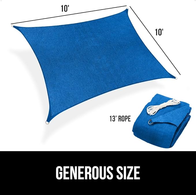 GORILLA GRIP Heavy Duty Sun Shade, UV Protection Fade Tear and Rust Resistant Rectangle Sunshade Canopy, Curved Edges Blocks Sunlight, Breathable Sail, Outdoor Patio, Lawn Garden 10x10 FT Blue GorillaGrip