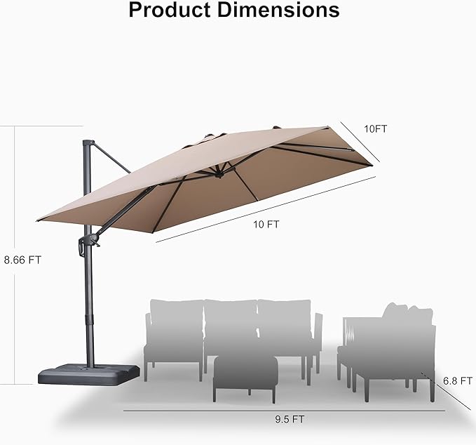 PURPLE LEAF 10 FT Outdoor Umbrella with Base Patio Cantilever Aluminum Umbrella with 3 Years Fade Resistance Recycled Fabric Offset Square with 360-degree Rotation for Deck Pool Garden, Sand Dune Rootora