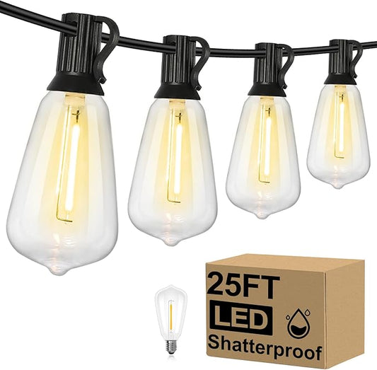 Brightever Outdoor String Lights, 25FT Patio Lights with 13 ST38 LED Edison Bulbs (1 Spare), Waterproof Connectable String Lights for Outside, Dimmable Hanging Light for Backyard Porch Decor, Black Brightever