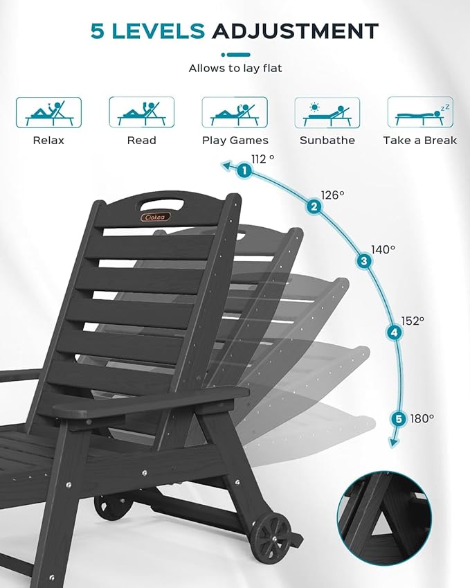 Outdoor Chaise Lounge Chair Set of 2, Patio Lounge Chairs for Outside, HDPE Lounge Chairs with Wheels & Cup Holder, Poly Lounge Chair with 5 Position for Poolside, Deck, Black CIOKEA