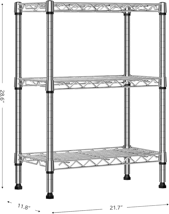 750 lbs 3 Tier Shelf Metal Storage Shelves Wire Rack Closet Organizers with PP Board for Garage Kitchen Bathroom Laundry Chrome 11.8" D x 21.7" W x 28.6" H MEIGAOPLASTICANDMETALHKCOLIMITED