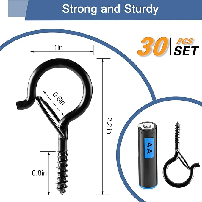ADIIL 30 PCS Q Hanger Hooks with Safety Buckle, Windproof Screw Hooks for Hanging Outdoor String Lights, Plants, Christmas Patio Lights, 2.2 Inches, Black ADIIL