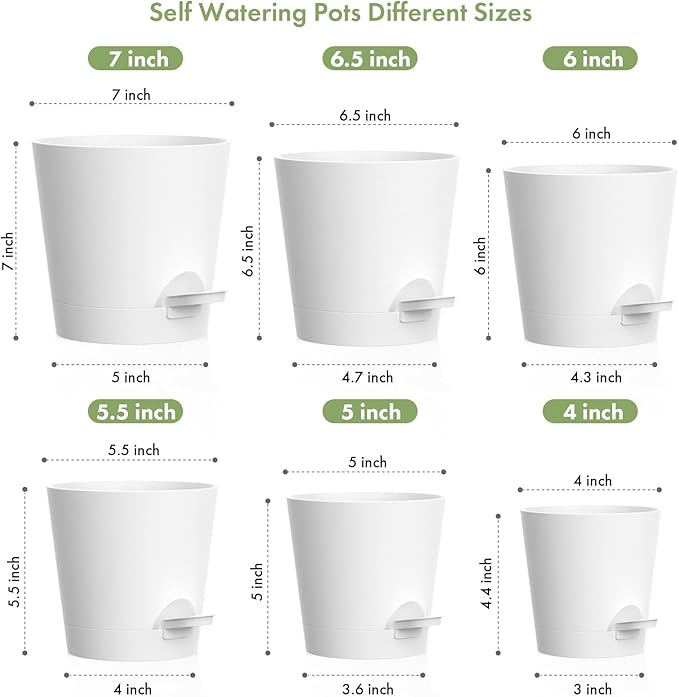 7/6.5/6/5.5/5/4 inch Self Watering Pots for Indoor Outdoor Plants, 6 Pack Plastic Flower Planters with Drainage Holes and Removable Saucers, Plant Pots with Wicking Rope, Modern Decor, White WSMKSZ