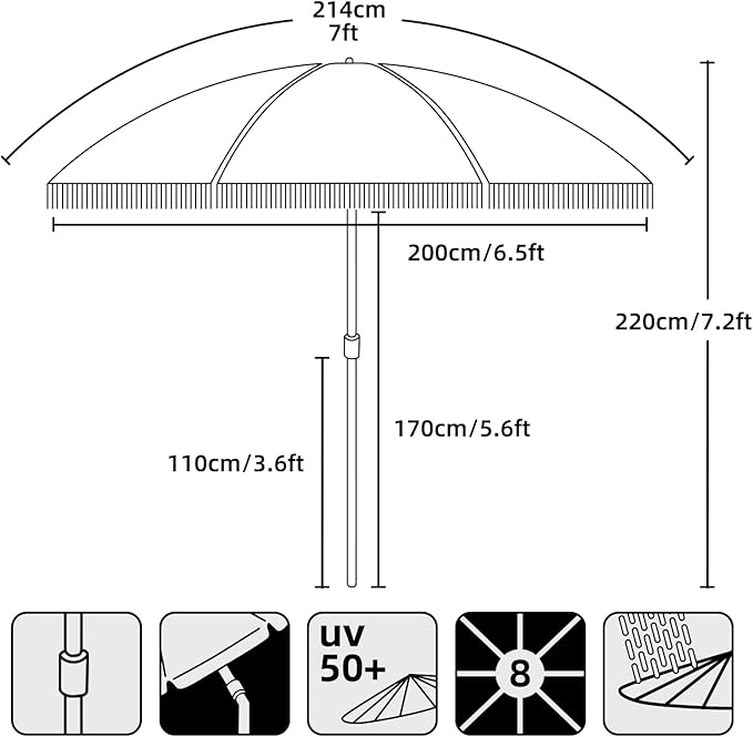 AMMSUN 7ft Patio Umbrella with Fringe Outdoor Tassel Umbrella UPF50+ Premium Steel Pole and Ribs Push Button Tilt, Navy Blue Stripes AMMSUN
