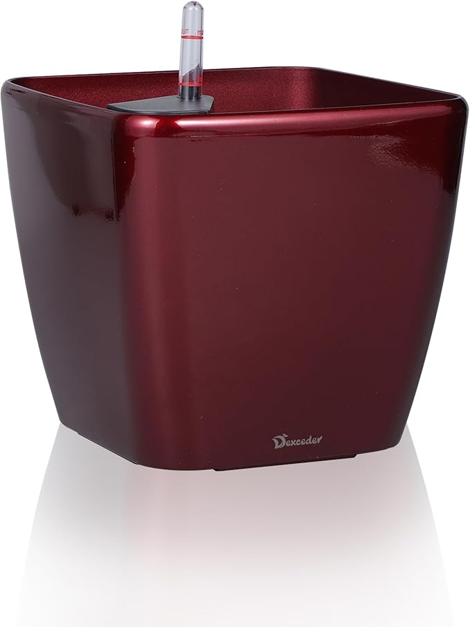 Dexceder 9x8 Self Watering Planter Indoor Outdoor, Inner Mat Design, Thickened Table Flower Plant Pot with Water Level Indicator (Red High Gloss) Dexceder