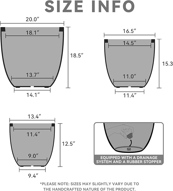 Kante 20",16.5",13.4" Dia Round Concrete Planters (Set of 3), Outdoor Indoor Modern Decorative Plant Pots with Drainage Hole & Rubber Plug for Home & Garden, Charcoal Kante