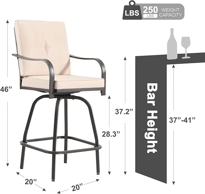 Patio Swivel Bar Stools Set of 6, Outdoor Bar Height Swivel Chairs with Cushions for Garden Balcony Backyard, Beige STRPRETTYBASIC