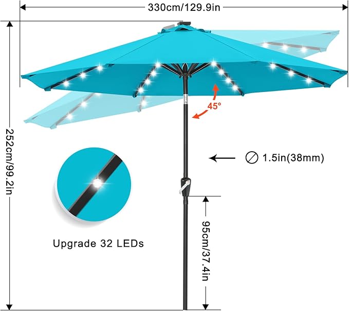 ABCCANOPY Durable Solar Led Patio Umbrellas with 32LED Lights 11FT (Turquoise) ABCCANOPY