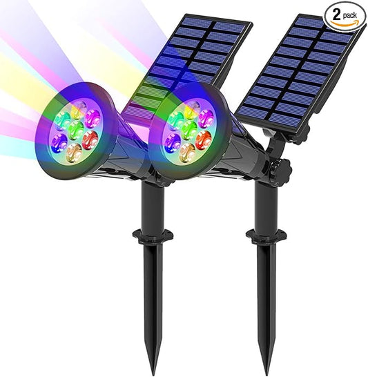 T-SUN Solar Spotlights, Color Changing 7 LED Waterproof Solar Garden Lights, Auto ON/OFF Adjustable Landscape Spot Lights, 2-IN-1 Solar Wall lights for Patio, Yard, Garden, Driveway, Pool Area(2 Pack) T-SUN