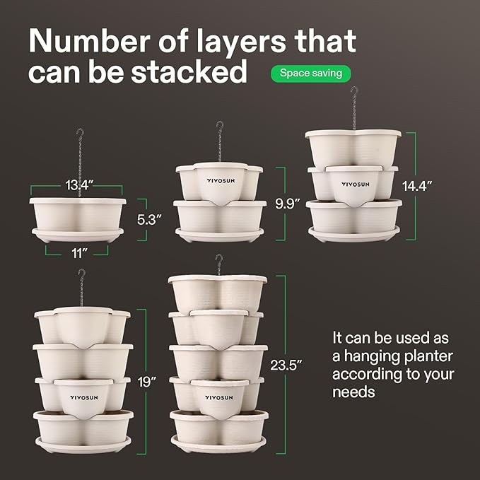 VIVOSUN 2-Pack 5 Tier Vertical Gardening Stackable Planter for Strawberries, Flowers, Herbs, Vegetables, Ivory VIVOSUN