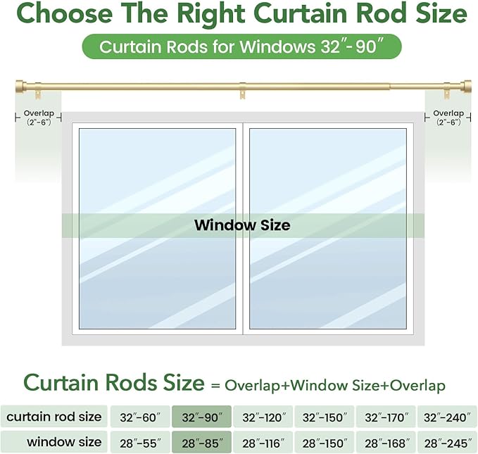 Curtain Rods for Windows 48 to 84, 1 Inch Adjustable Gold Heavy Duty Long Window Curtain Rod, Modern Style Drapery Rods with End Caps, Size 32" - 90" TimeForest