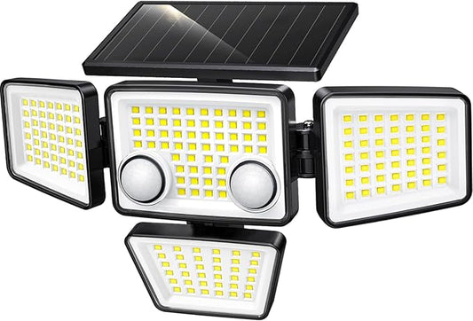Solar Outdoor Lights - 3000LM 188 LED Motion Sensor Outdoor Lights, 4 Heads IP65 Waterproof Powered Security Flood Lights, 270°Wide Lighting Angle Wall Light with Sensors for Backyard Yard LYWALT