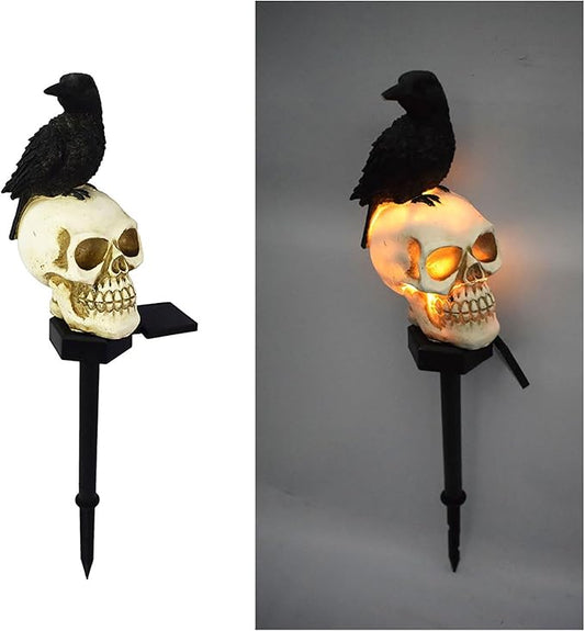 Outdoor Solar Lights, Crow Solar Lights Outdoor Waterproof Halloween Skull Light with Stakes Solar White Crow Light Garden Decor for Yard, Lawn Huazzzyi