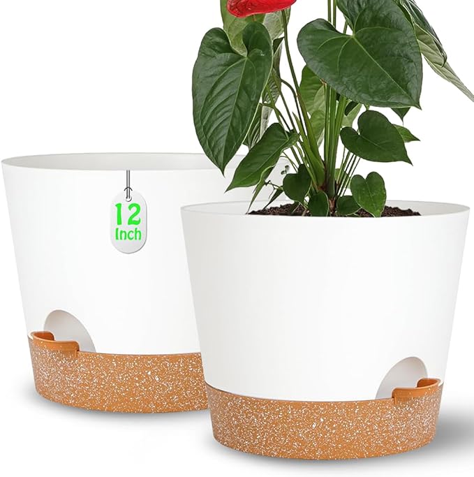 12+12Inch 2Pack Large Flower Pots for Indoor/Outdoor Plants,Self Watering Planters with Reservoir and Drainage Hole White Plastic Planting Pots Modern Home Decor Gift Idea SESUN-E