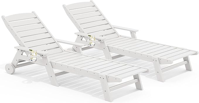 SERWALL Patio Chaise Lounge Chair Set of 2, 78'' Long 5-Positions Adjustable HDPE Outdoor Lounger for Pool, Poly Lounge Chair with Rolling Wheels & Cup Holder for Poolside, Deck, White SERWALL
