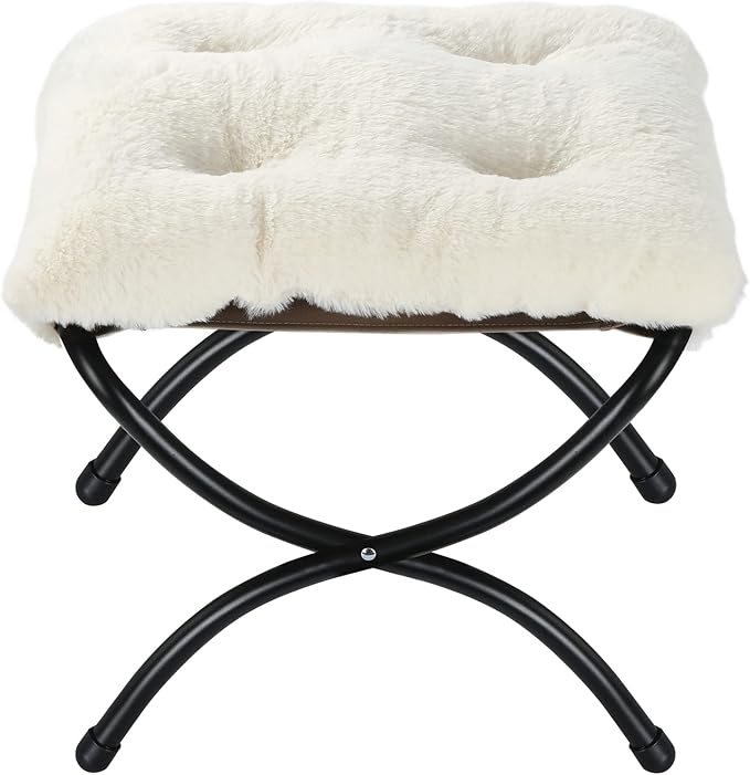 15" Foldable Foot Stool Ottoman with Metal Frame - Washable Faux Fur Beige Upholstered Indoor/Outdoor Footrest for Living Room, Bedroom, Patio - Space-Saving Compact Design WELL-STRONG