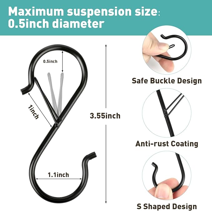 Navona 20 Pcs S Hooks for Hanging Heavy Duty, 3.5-inch Heavy Duty Metal S Hook with Safety Buckle, Suitable for 0.5 inch Rods, S Hook for Hanging Plants, Closet, Kitchen Utensil, Pot, Pan, Bags Welcometobuy%EF%BC%81