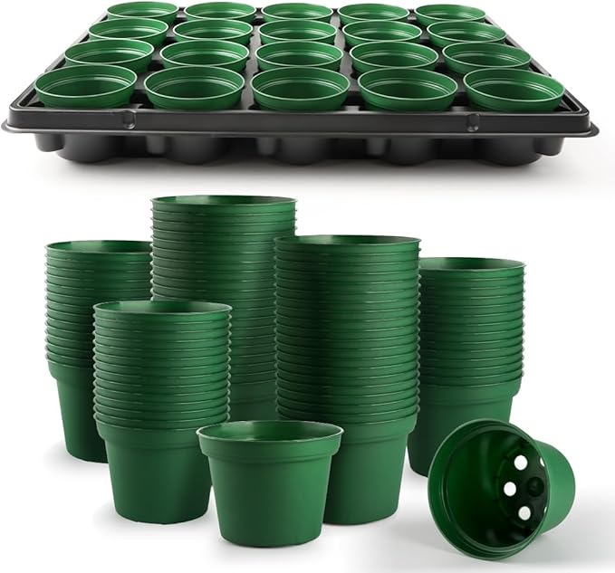 3 Inch Nursery Pots 100 Pcs with 5 Pcs 20 Cell Nursery Pot Trays, 5 Sets Seed Starting Kit for Seedlings, Propagation and Home Gardening, Sturdy Green Seeds Starter Pot Tray Germination Set RooTrimmer