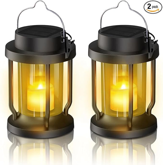 Solar Lantern Outdoor & Indoor Use – Hanging Solar Lights with Realistic Flickering Flameless Candle, Weatherproof for Gardens, Patios, Trees, and Lawns (Black + Amber, 2 Pack) Rootora