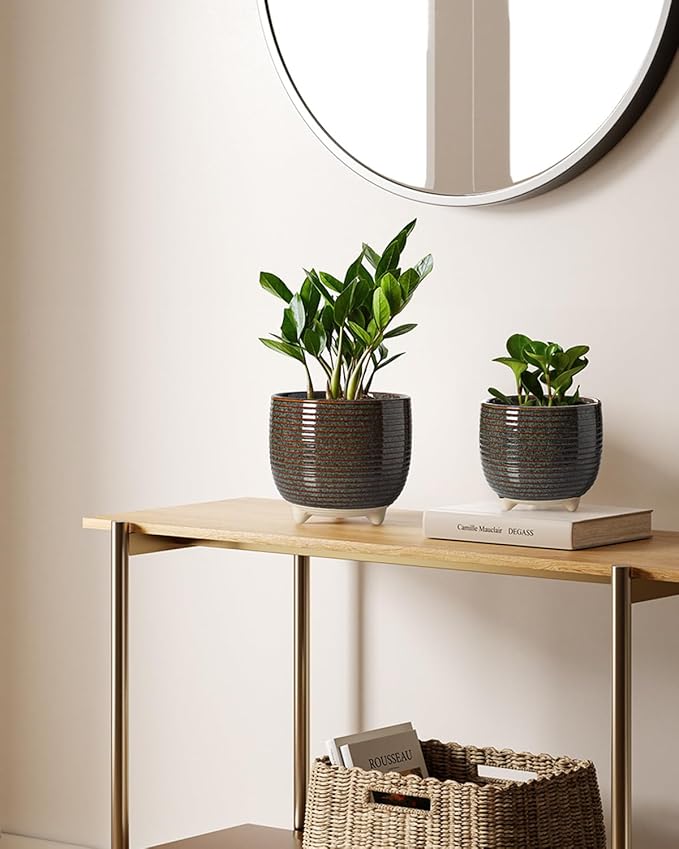 LE TAUCI Ceramic Plant Pots, 5.1 + 6.4 Inch Footed Pots for Plants, Modern Flower Pots for Home and Office, Indoor Planters with Drainage, Reactive Glaze Black LETAUCI