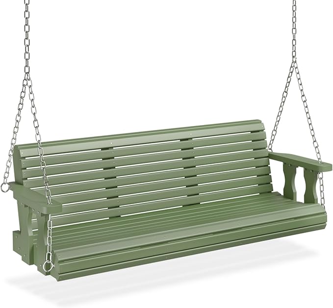 VINGLI Upgraded Patio Wooden Porch Swing for Courtyard & Garden, Heavy Duty 880 LBS Swing Chair Bench with Hanging Chains for Outdoors (Green, 5 FT) VINGLI