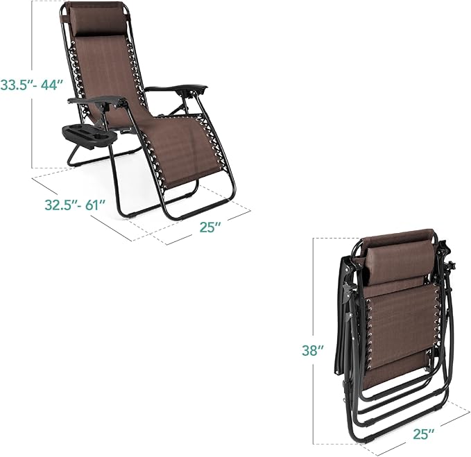Best Choice Products Set of 2 Adjustable Steel Mesh Zero Gravity Lounge Chair Recliners w/Pillows and Cup Holder Trays - Brown BestChoiceProducts