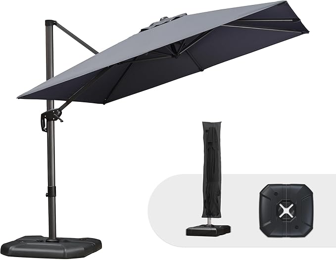 PURPLE LEAF 9'×9' Patio Umbrella with Base Outdoor Cantilever Umbrella with Cover Aluminum Square Offset Umbrella with 360-degree Rotation for Deck Pool Garden Grey PURPLELEAF