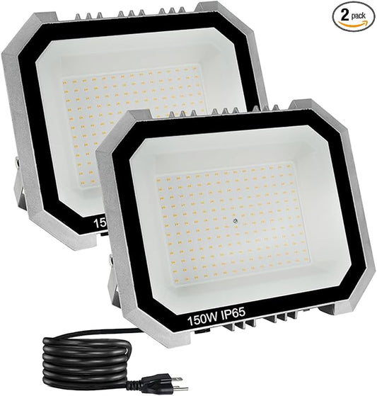 2 Pack LED Flood Lights Outdoor, 150W 15000LM Super Bright Floodlight Outside Work Light with 5.9FT Plug, IP65 Waterproof 6000K Outdoor LED Flood Light for Garage, Yard, Lawn, Garden LEDDICTIVE