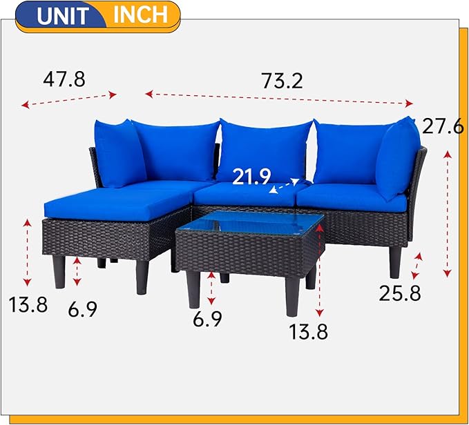 FDW 5 Pieces Patio Furniture Sets Outdoor Sectional Sofa Wicker Chair Rattan Conversation Set for Outdoor Backyard Porch Poolside Balcony Garden Furniture with Coffee Table,Blue Cushion FDW