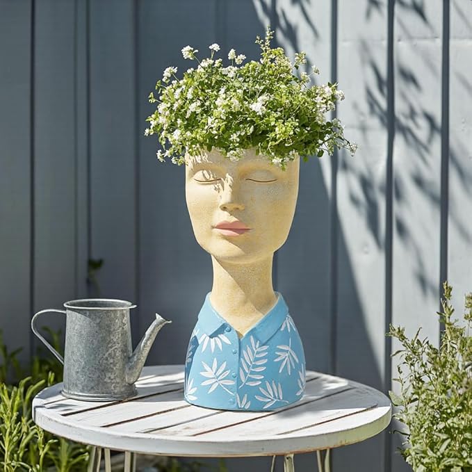DiliComing Face Planter Pot Head Planter - Resin Blue Boy Head Planters for Indoor Outdoor Plants Decorative Flower Pot for Garden Home Office Bust Sculpture Plant Stand 5x6x10.5 Inch DiliComing