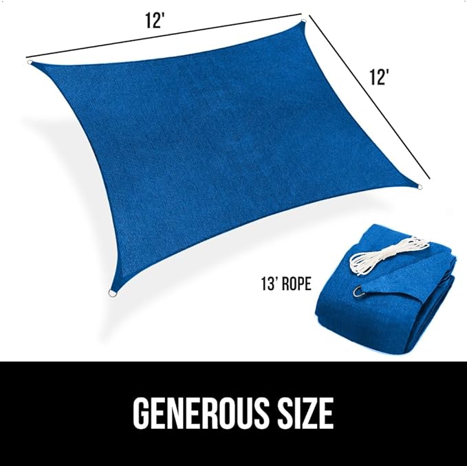 GORILLA GRIP Heavy Duty Sun Shade, UV Protection Fade Tear and Rust Resistant Rectangle Sunshade Canopy, Curved Edges Blocks Sunlight, Breathable Sail, Outdoor Patio, Lawn Garden 12x12 FT Blue GorillaGrip