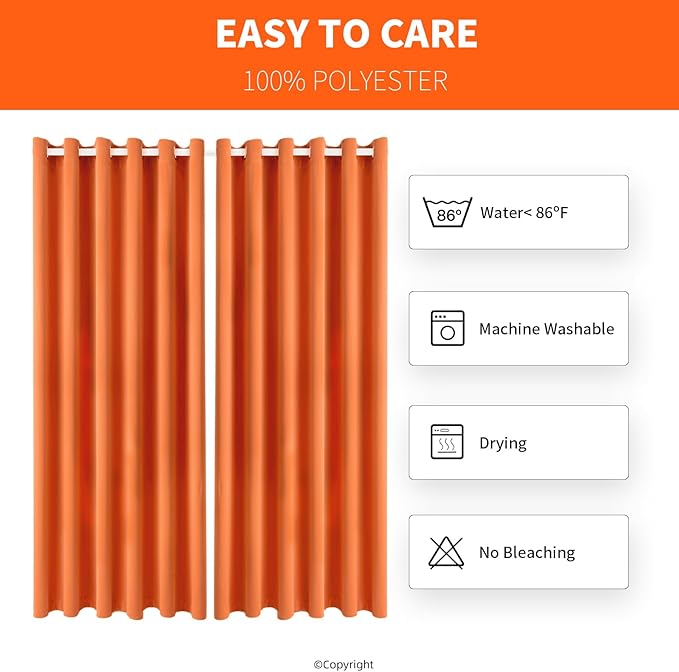 Waterproof Outdoor Curtain W84 x L120 - Grommet Top Sunlight Blocking Window Treatment Drapes Blackout Curtains for Home Bedroom Living Room Patio Pergola Cabana Gazebo (Orange, 2 Panels) DivaenCamino