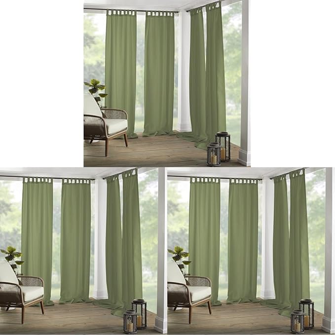 Elrene Home Fashions Matine Weatherproof Tab-Top Indoor/Outdoor Solid Color Curtain Panel for Porch, Pergola, Patio, Deck, 52”W x 95”L, Green (Pack of 3) ElreneHomeFashions