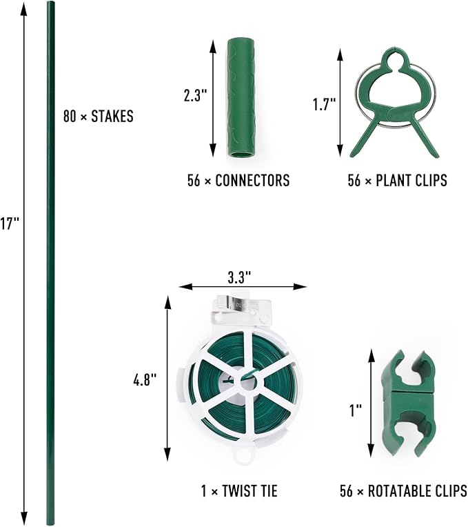 MAXPACE 249pcs Garden Stakes Kit: Includes 80 Sets of Fiberglass Plant Sticks Supports & Accessories for DIY 4ft, 5ft, 6ft, 7ft Stakes for Tomato, Vegetables, Indoor & Outdoor Gardening Supplies MAXPACE