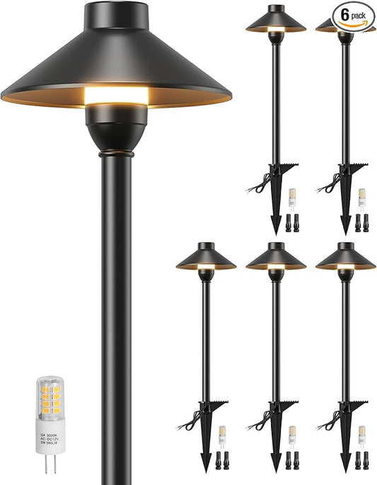 PARTPHONER Low Voltage Landscape Lighting 6-Pack, Aluminum 12V Pathway Lights with G4 Bulbs, Waterproof Stylish Matte Black Color Wired Path Lights with Connectors for Walkway Yard Garden PARTPHONER