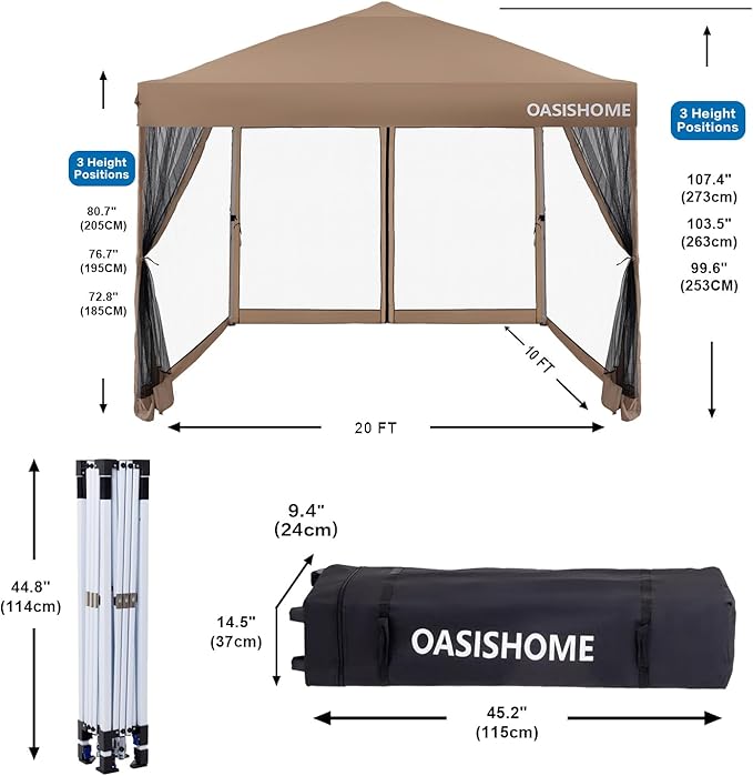 OASISHOME 10'x10' Pop-Up Gazebo Canopy Tent with Netting Sidewalls & Wheeled Bag,Weight Bag, Stakes, Ropes, Waterproof, UV Protection, Heavy-Duty Steel Frame for Backyard/Outdoor/Parties (Khaki) OASISHOME