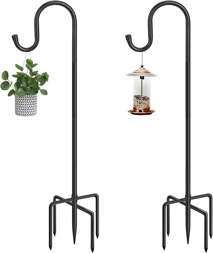 48 Inch Shepherds Hooks for Outdoor, Heavy Duty Bird Feeder Pole with 5 Prong Bases, Garden Hanging Stake for Bird Feeder, Solar Light, Plant Hanger, Wedding Decor, Metal Hanger Hooks, Black, 2 Packs Anideer