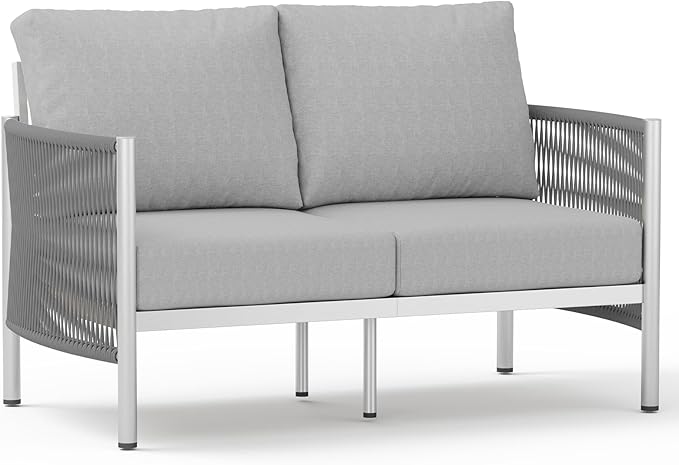 Aluminum Outdoor Patio Couch Loveseat, HDPE Rope Patio Sofa with Washable Thick Cushion, All-Weather Patio Furniture for Balcony, Yard, Silver Frame, Silver Oasbira