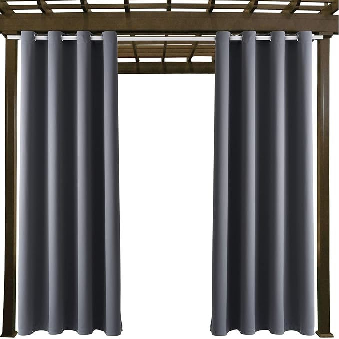 Water Proof Outside Curtains with Grommet Top for Porch, W52 x L120 Thermal Insulated Washable Light Block Outdoor Divider Drapes for Patio Gazebo Deck Pool Area Pergola Cabana (Gray, 2 Panels) DivaenCamino