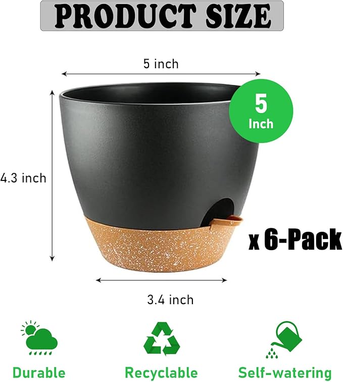 6-Pack Plant Pots with Drainage 5 Inch, Self Watering Pots for Indoor Plants, Planters for Indoor Outdoor Plants, Plastic Flower Pot, Planter for Indoor Outdoor (Black) Rootora