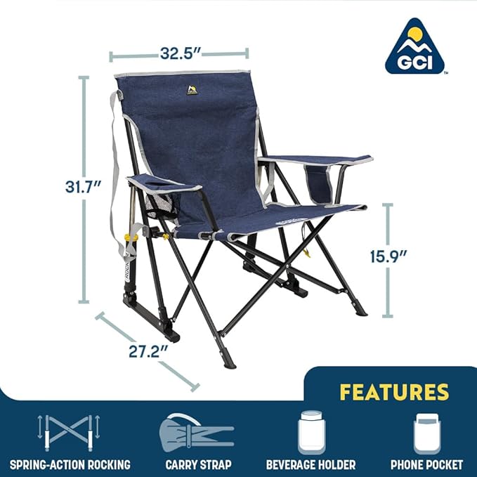 GCI Outdoor Kickback Rocker Camping Chair | Portable Folding Rocking Chair with Durable Armrests, Drink Holder & Relaxed Lowered Seat for Comfort — Heathered Royal GCIOUTDOOR