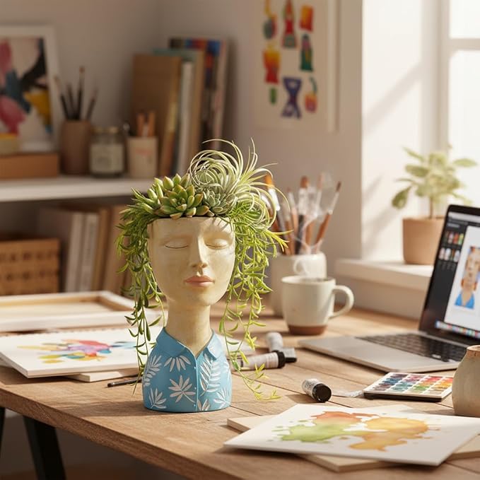 DiliComing Face Planter Pot Head Planter - Resin Blue Boy Head Planters for Indoor Outdoor Plants Decorative Flower Pot for Garden Home Office Bust Sculpture Plant Stand 5x6x10.5 Inch DiliComing