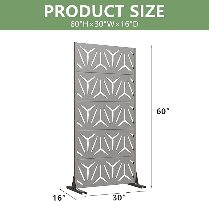 Casaphoria Metal Privacy Screen Outdoor, 60" H x 30" W Freestanding Decorative Privacy Screen for Patio Deck Balcony Garden with Stable Base, Grey-Star Casaphoria