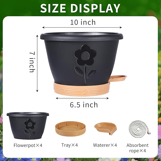 Plant Pots, Flower Pots for Indoor/Outdoor Plants, Self Watering Plastic Planters Pots with Drainage Holes, Saucer & Reservoir, Decorative Nursery Planting Pots(10 Inch Set of 4) (Black) Rootora