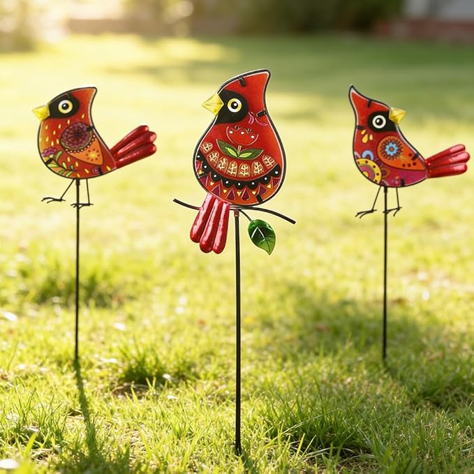 Decorative Garden Stakes,Set of 3 Cardinal Stained Glass Metal Yard Art,Waterproof Outdoor Decor Housewarming Present for Women Mom Grandma SATHGA